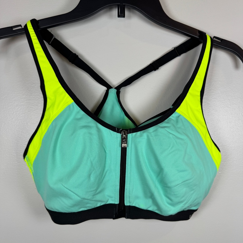 Victorias Secret VSX Sports Bra Neon Mint Green Yellow Front Zip Racerback 36B